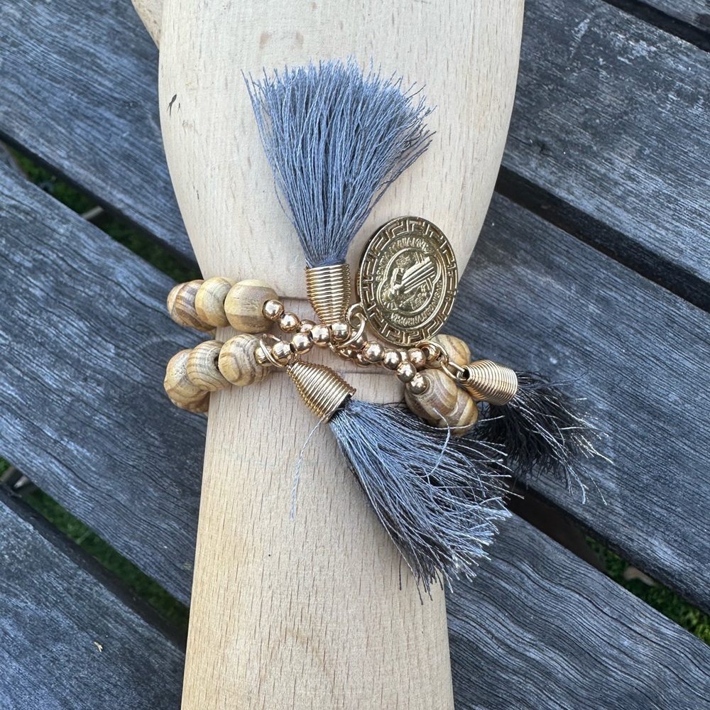 Wooden Bead Bracelet with Gray Tassels and Saint Coin